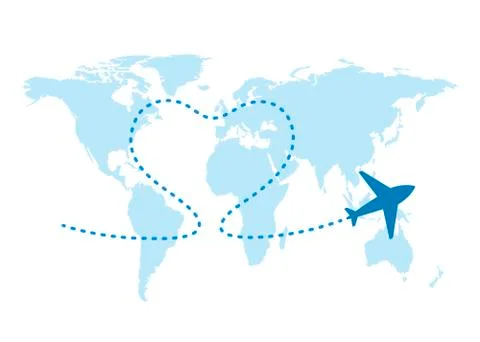 World map and plane flight. Airplane flying and leave dashed trace line. Love Stock Illustration