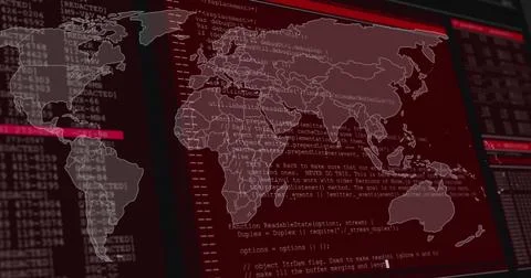 World map and programming code, cybersecurity image 스톡 사진