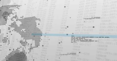 World map and programming code image over white background with data points 库存照片