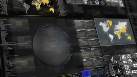 World map and rotating earth on hud dashboard on black background Stock Footage 302475443