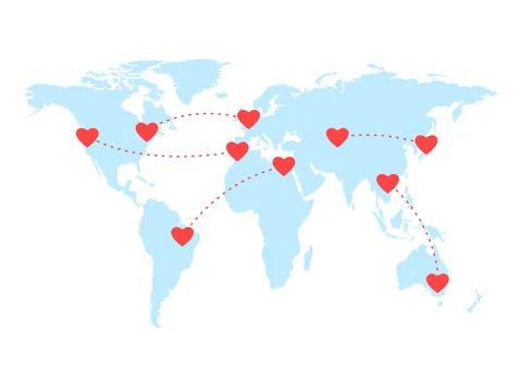 World map and separated loving couples. Love in distance. Connecting hearts Stock Illustration