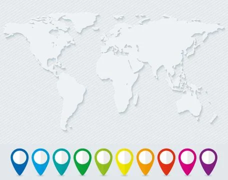 World map and set of colorful map pointers Stock Illustration