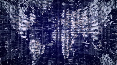 World map and technological HUD elements in curved screen. Stock Footage 98874765
