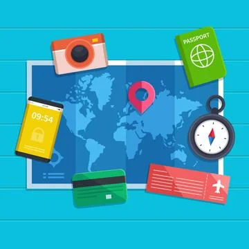 World map and travel elements with flat design Illustrazione stock