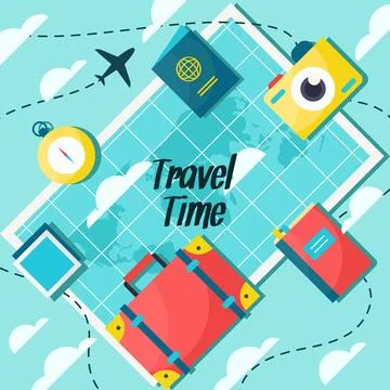 World map and travel elements with flat design Stock Illustration