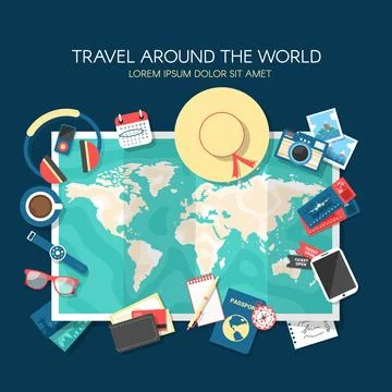 World map and travel elements with flat design 스톡 일러스트