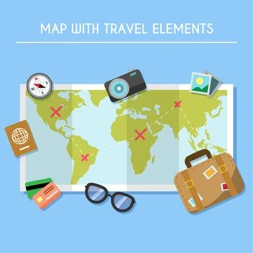 World map and travel elements with flat design 库存插图