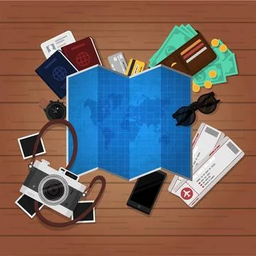 World map and travel elements with flat design Stock Illustration