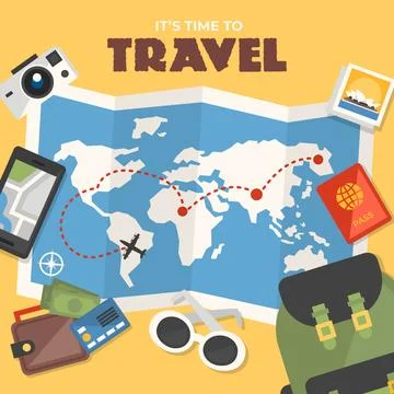 World map and travel elements with flat design Stock Illustration