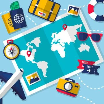 World map and travel elements with flat design Stock Illustration