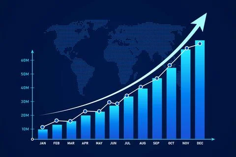 World map and upward trend line showing business success Stock Illustration