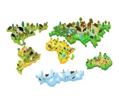 World map animal Isometric style. Earth continent flora and fauna. Vector ill Stock Illustration