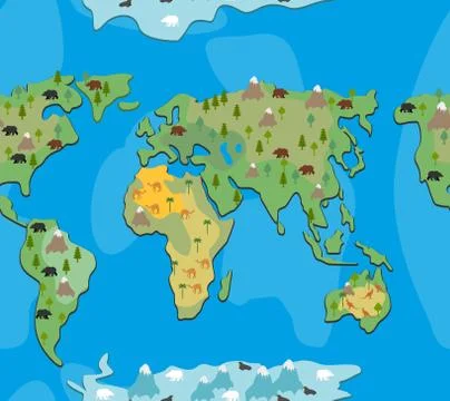 World map with  animals and trees seamless pattern. Background of  geographic Ilustración de archivo