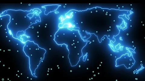 World map animation with blue neon light. World map global data network and.. Stock Footage 337618549