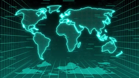 World map animation with digital grid code. World map global neon networkin.. Vidéo 337370013