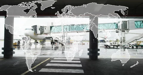 World map animation over busy airport terminal with airplane and boarding bridge Video stock 304928670