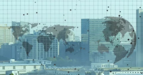World map animation over cityscape with tall buildings and grid lines Stock Footage 327060818