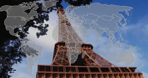 World map animation over Eiffel Tower against blue sky background Stock Footage 303429526