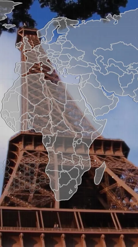 World map animation over Eiffel Tower against blue sky background Stock Footage 319810868
