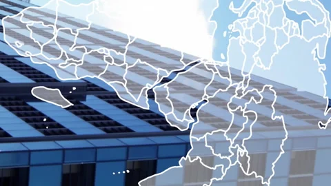 World map animation over modern office building against blue sky Vídeos de archivo 312848799