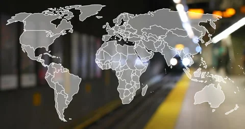 World map animation over subway station with blurred train approaching Vídeo Stock 305893639