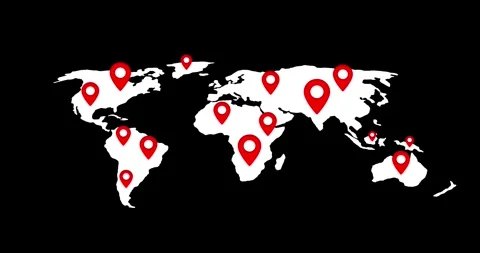World map animation with red location pins popping up for global travel and logi Stock Footage 336710254