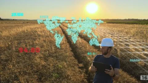World map animation with scanning wheat field. Smart precise farming concept Stock Photos