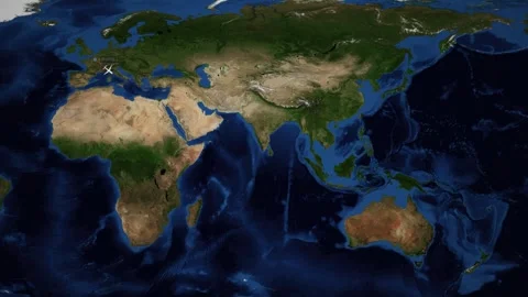 World Map Animation Tracking Airplane Flight Path from Paris to Brisbane Stock Footage 339843216