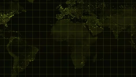 World map animation with yellow grid overlay. World map global city lights .. Stock Footage 337618868