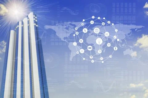 World map with app icons and skyscraper Ilustração Stock