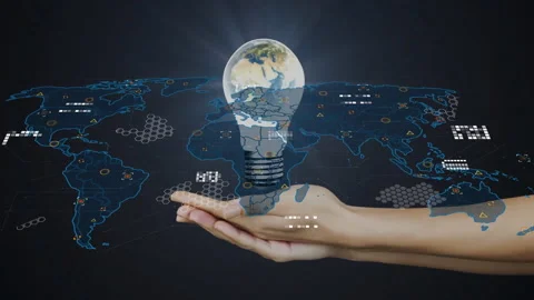 World map appearing and activating data icons hand cupping lightbulb globe Stock Footage 313078208