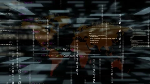 World map appearing, code scrolling and binary streams falling, showing global Video stock 333657618