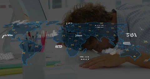 World map appearing over desk man leaning placing hands head resting nodes Video stock 331166014