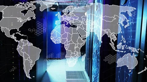 World map appearing over server aisle, motifs layering, LEDs flickering, showing 스톡 동영상 333131966