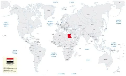 World map with the Arab Republic of Egypt, small information box and flag Illustrazione stock