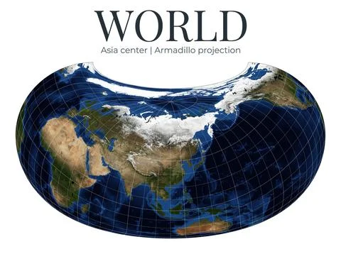 World Map. Armadillo projection centered on Asia. High detail physical map... Ilustração Stock