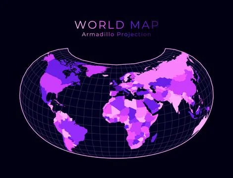 World Map. Armadillo projection. Digital world illustration. Bright pink ne.. Illustrazione stock