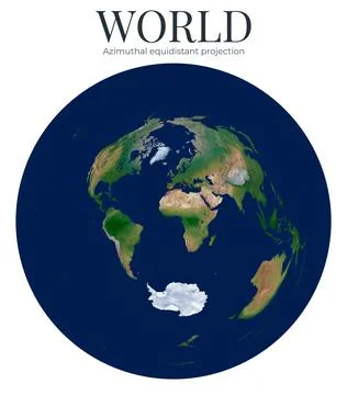World Map. Azimuthal equidistant projection. High Detail Physical Map of Th.. Ilustração Stock