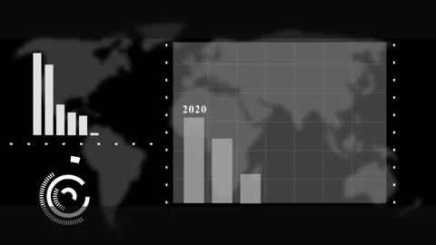 World map background with grid vertical bar charts animation, circular hud .. Vidéo 330557452