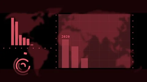 World map background with grid vertical bar charts animation, circular hud .. Stock Footage 330557454
