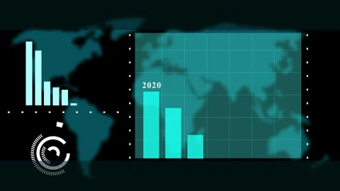 World map background with grid vertical bar charts animation, circular hud .. Stock Footage 330560586