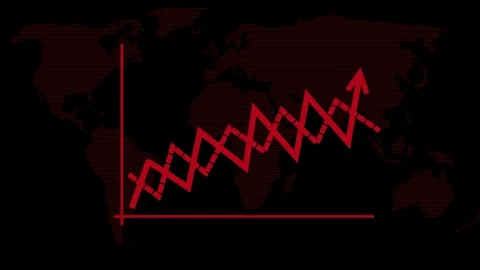 World map background with upward line chart and arrow showing growth, finan.. Stockbeeldmateriaal 336874968