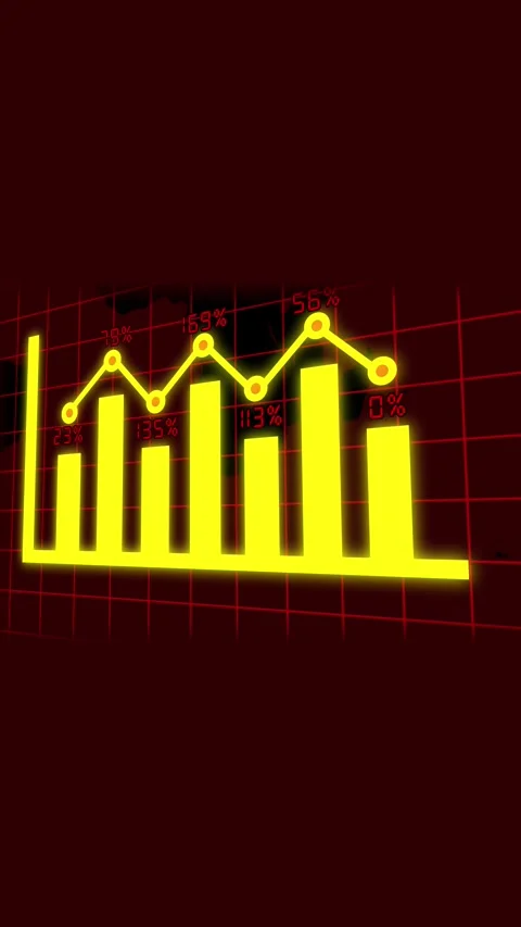World map background with yellow bar graph and line chart. Yellow bar graph.. Stock Footage 344840894