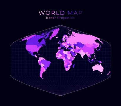 World Map. Baker Dinomic projection. Digital world illustration. Bright pin.. Stock Illustration
