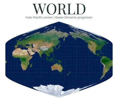 World Map, Baker Dinomic projection. Indo-Pacific center at lat 0 lon 140. .. Ilustração Stock