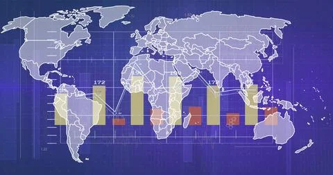 World map with bar graphs and hexagonal patterns, data analysis image Illustrazione stock