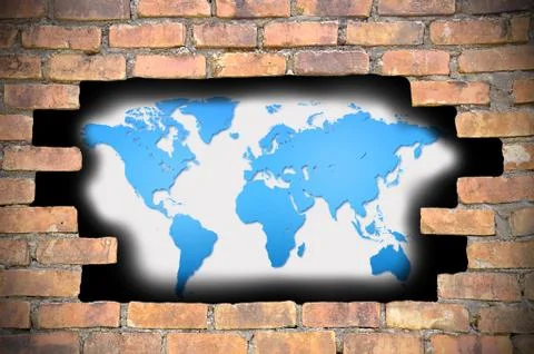 World map behind brick wall Illustrazione stock