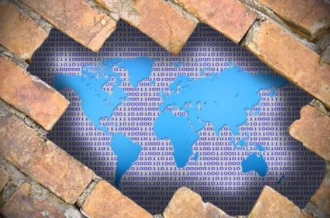 World map behind brick wall Illustrazione stock
