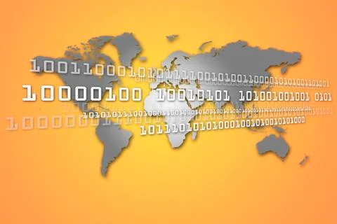 World map with binary code against orange background Stock Photos