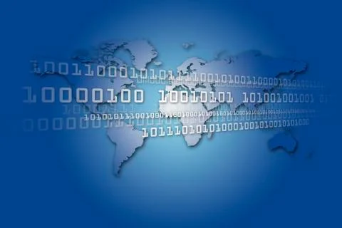 World map with binary code against blue background 库存照片